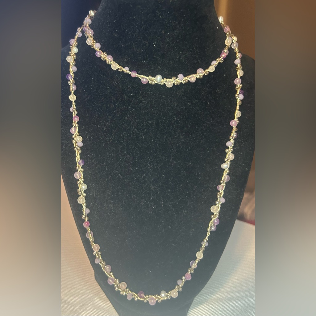 Elegant Amber And Plum Beads On Gold Cord Necklace With Button Closure 25$